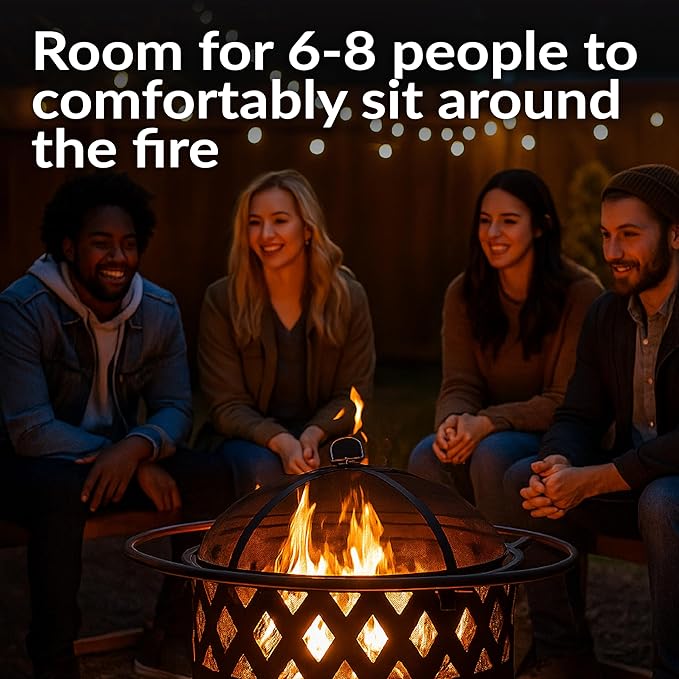 Sunnydaze Crossweave Outdoor Fire Pit - Wood-Burning Fire Pit for Outside with Spark Screen, Poker and Round Cover - 30-Inch - Bronze