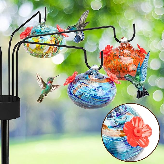 DECOHS Decorative Hummingbird Feeders for Outdoors Hanging with 6 Flower Feeding Ports, Leak Proof Fence Hand Blown Glass Humming Bird Feeders with Shepherd Hook for Window Garden Patio Fence Decor