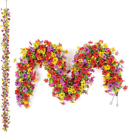 Artificial Flowers Garland Ivy, 4 Pack 5.9 FT Spring Summer Decor UV Resistant Fake Mums Floral Vine Silk Daisy Hanging Flower for Home Garden Wedding Decor Photo Booth Backdrop(Red purple yellow)