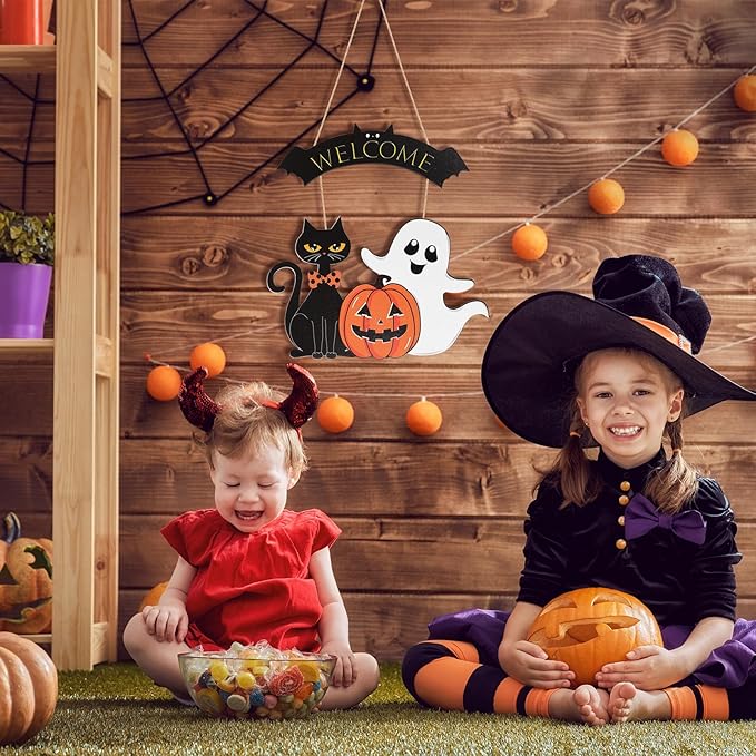 Halloween Decoration Wooden Ghost Door Halloween Wreath for Front Door Sign Wall Signs Decor, Pumpkin Black Cat Wreaths Sign Hanging for Home Wall Decor Outdoor Indoor Farmhouse Party Supply