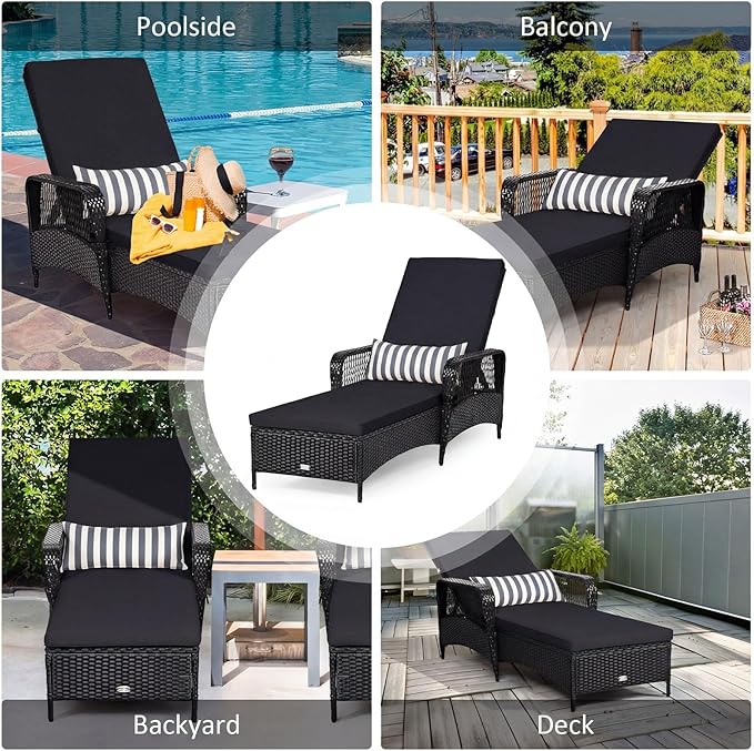 Tangkula Wicker Chaise Lounge Outdoor, Patio Rattan Reclining Chaise with 6-Gear Adjustable Backrest, Thick Padded Cushion & Removable Lumbar Pillow, Pool Lounge Chairs (1, Black + Black)