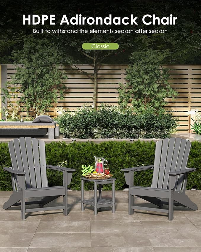 GREENVINES Adirondack Chairs Set of 2 | HDPE Plastic | Oversized Fire Pit Chair | All Weather | Grey | Poly Lumber | for Outdoor Deck Backyard Patio