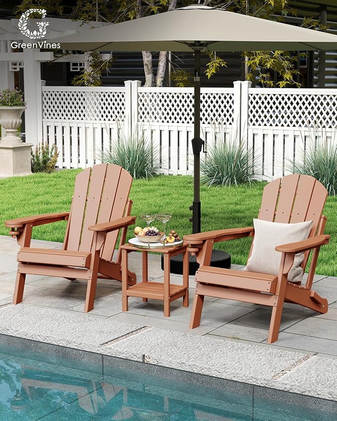 GREENVINES Folding-Adirondack-Chairs-Set-of-4 | HDPE Plastic | Fire Pit Chair | All Weather | Cup Holder | Teak | for Deck Backyard Patio Outdoor Garden