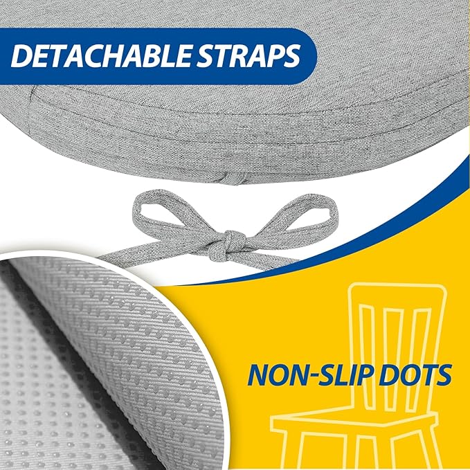 AAAAAcessories D-Shaped Chair Cushions, 2" Thick Dining Chair Pads with Ties and Removable, Machine-Washable Cover, 17" x 16", Light Gray