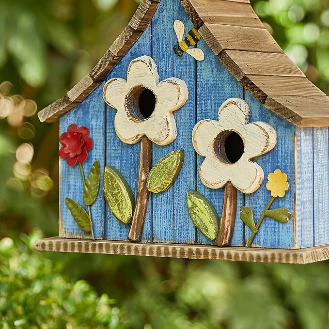 Glitzhome Hanging Birdhouses for Outdoors, 10.75" L Distressed Solid Wood Birdhouse Bird Nesting Box with 3D Flowers Rustic Hand-Painted Bird Houses for Outside