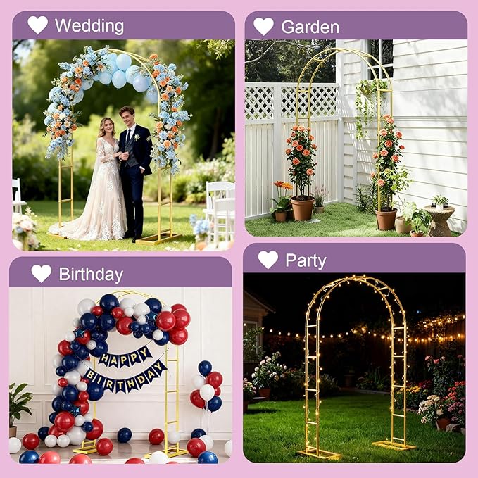 6.6FT Metal Garden Arch Trellis Arbor, Wedding Arch Stand with Steel Frame, Metal Pergola Arbor with Base, Assemble Freely 3 Sizes, for Valentines Day Garden Trellis Climbing Plant, Bridal Party