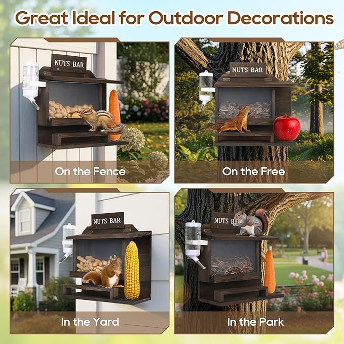 Squirrel Feeders for Outside, Large Carbonized Squirrel Feeder Chipmunk House, Funny Squrrill Nuts Bar, Durable Wooden Squirrel Corn Cob Feeder, No Assembly Required