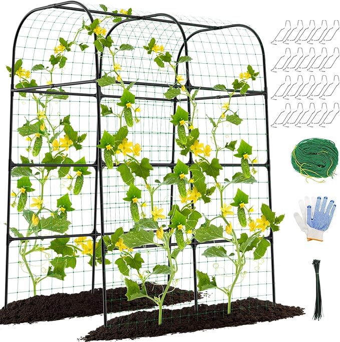 7ft Cucumber Trellis for Raised Bed, Garden Arch Trellis for Climbing Plants Outdoor Indoor, Metal Trellis Support with Net for Vegetables Tomato Zucchini Squash Beans Peas Melons, Rose Flowers,Vines