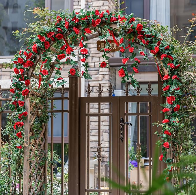 4 Pack (32FT) Artificial Rose Vine Fake Flowers Garland Hanging Silk Rose Ivy Plants Vine for Mother's Day Wedding Arch Party Wall Indoor and Outdoor Aesthetic Art Décor (Red)