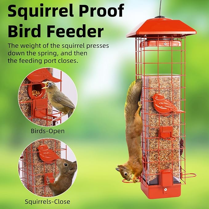 Squirrel Proof Bird Feeder, Metal Mesh Bird Feeder for Outside, Large Capacity and 4 Ports Perches (Orange)