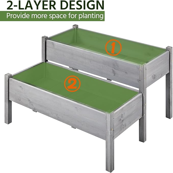 Yaheetech 47x41x30in Wooden Raised Garden Bed Horticulture Outdoor 2 Tiers Elevated Planter Grow Box for Herb with Legs & Drainage Holes, Gray