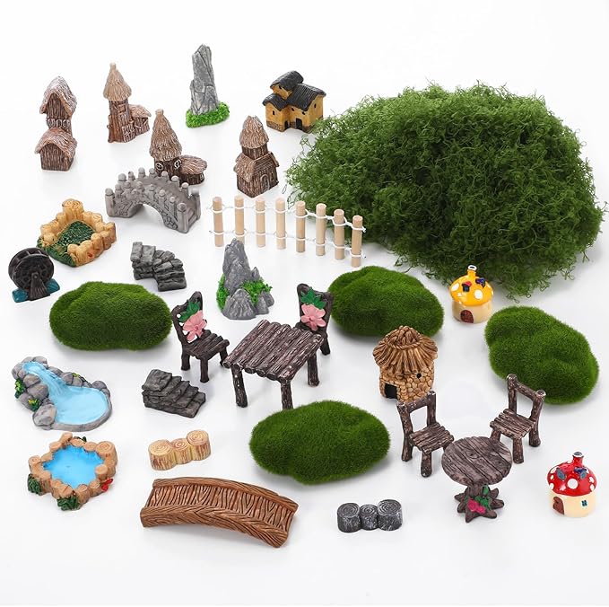 Fairy Garden Accessories, Miniature Garden Ornaments Landscape Mini Fairy Figures Animal Plant Set (32, Green)