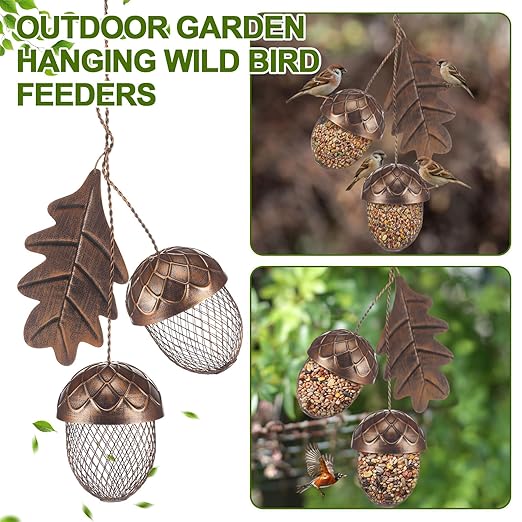 Mimorou Acorn Bird Feeder Outdoor Garden Hanging Feeding Station Sturdy Squirrel Proof Tree Bird Feeder Metal Feed Dispenser for Peanut Suet Nugget, Hanging Metal Leaf Hanger, Holds 2 Cups of Seed