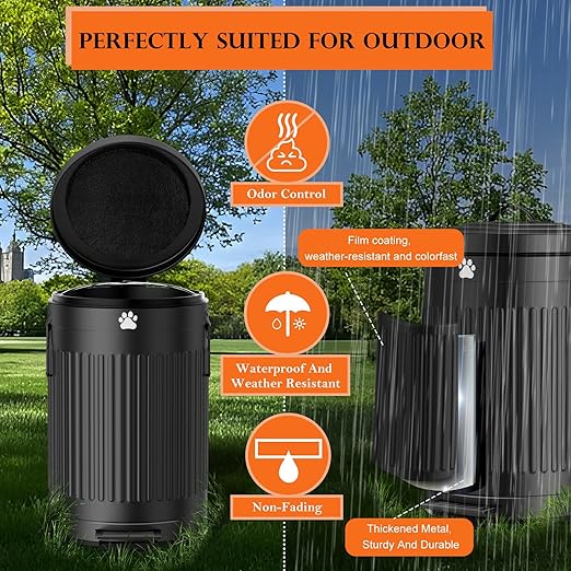 Dog Poop Trash Can Outside, 12L/3.1Gal Metal Dog Waste Trash Can with Lid, Foot Pedal, Waste Container with 40 Bags, Pet Poop Bucket with Lid Soft Close for Pet, Round Black Can