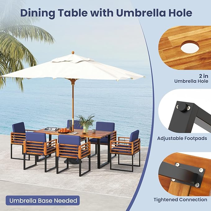 Tangkula 7 Piece Patio Dining Set, Acacia Wood Dining Chair & Table Set, 69” Spacious Tabletop with Umbrella Hole, Heavy-Duty Metal Support, Dining Set for Backyard, Poolside