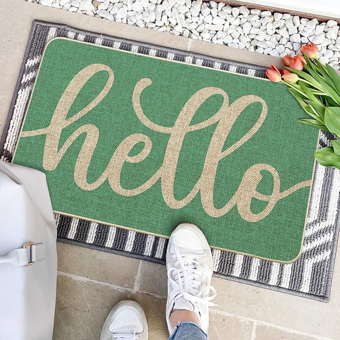 Artoid Mode Aqua Turquoise Hello Summer Doormat, Spring Home Decor Low-Profile Switch Rug Door Mat Floor Mat for Indoor Outdoor 17x29 Inch