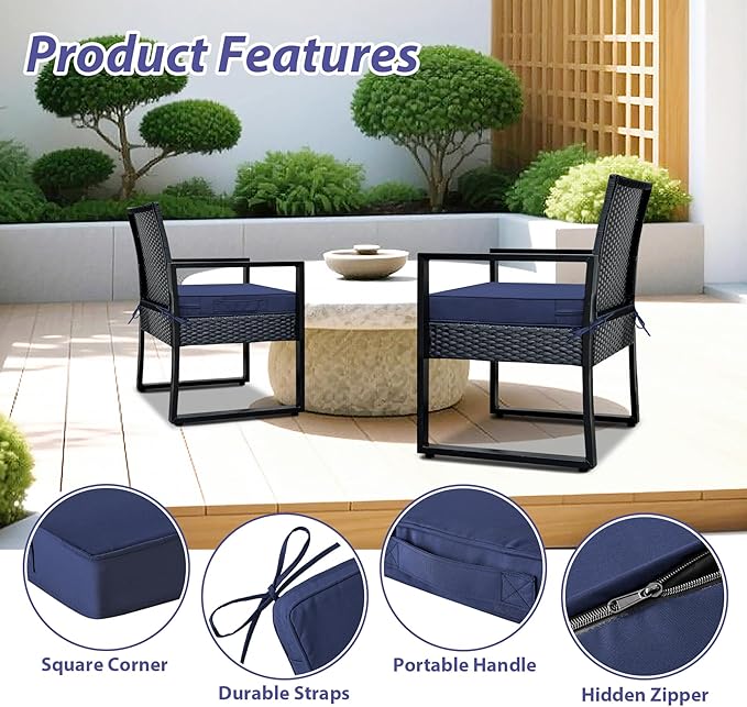 Outdoor Chair Cushions Set of 4 -Waterproof Outdoor Seat Cushions for Patio Furniture, Patio Chair Cushion with Handle and Ties, Square Out Door Chair Pads,19" x 19" x 3", Navy Blue