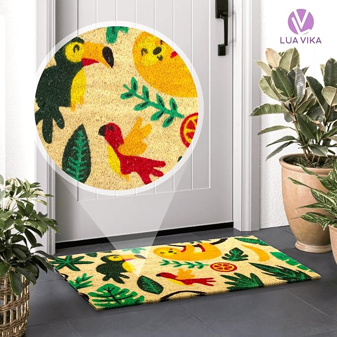 Coir Door Mat for Outside Entrance, Welcome Indoor Outdoor Doormat, Funny Front Door Mats 16"x27.5" (Jungle)