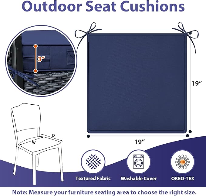 Outdoor Chair Cushions Set of 4 -Waterproof Outdoor Seat Cushions for Patio Furniture, Patio Chair Cushion with Handle and Ties, Square Out Door Chair Pads,19" x 19" x 3", Navy Blue