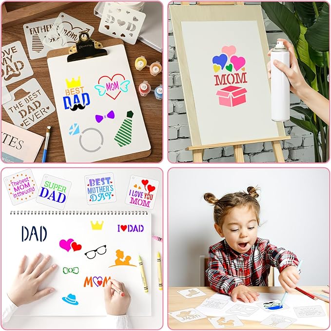 Augshy 56pcs Father's Day & Mother's Day Stencils, 3x3 Inch, Reusable, PET Material, Artistic Crafts & Home Decor