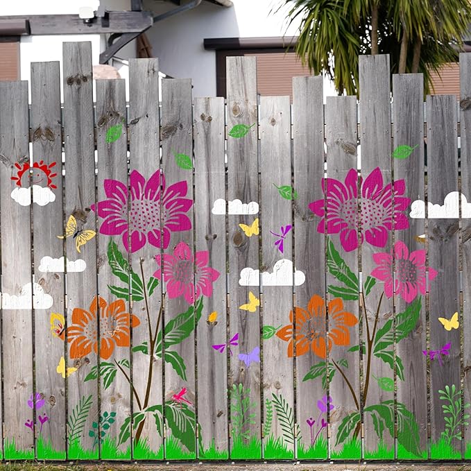 8 Pcs Large Flower Stencils for Painting With Fence,14 X 11 Inch Wall Stencils for Painting Large Pattern, Stencils for Crafts Reusable, Suitable for Outdoor Garden Walls, Furniture, Wall, Canvas, Etc