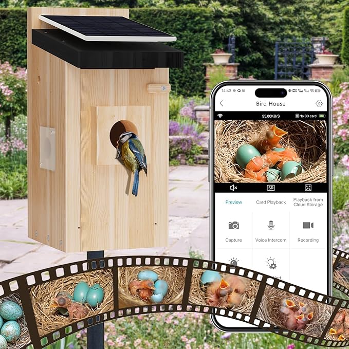 Bird House with Camera, 5MP Smart Birdhouse Camera with Solar Powered, Bird Box Camera for Families, Motion Detection & 32GB SD Card, Watch Bird Nesting & Hatching in Real Time, Ideal Gift for Friends
