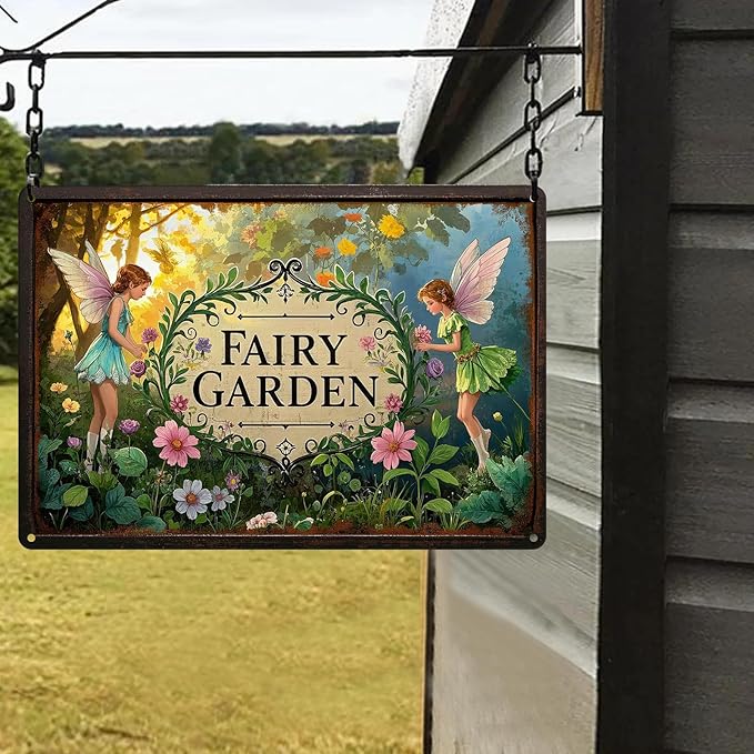Gardening Gifts Vintage Garden Mental Tin Signs " FAIRY GARDEN" Retro Fairies Plants Picture for Home Garden Greenhouse Yard Decor (8x12 Inch)