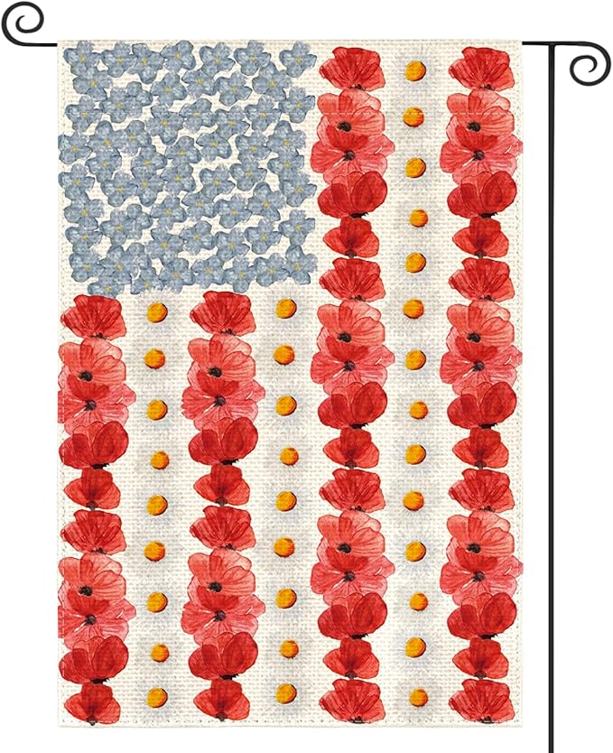 AVOIN colorlife Myosotis Poppy Memorial Day Garden Flag 12x18 Inch Double Sided Outside, Patriotic American Flag Yard Outdoor Decoration