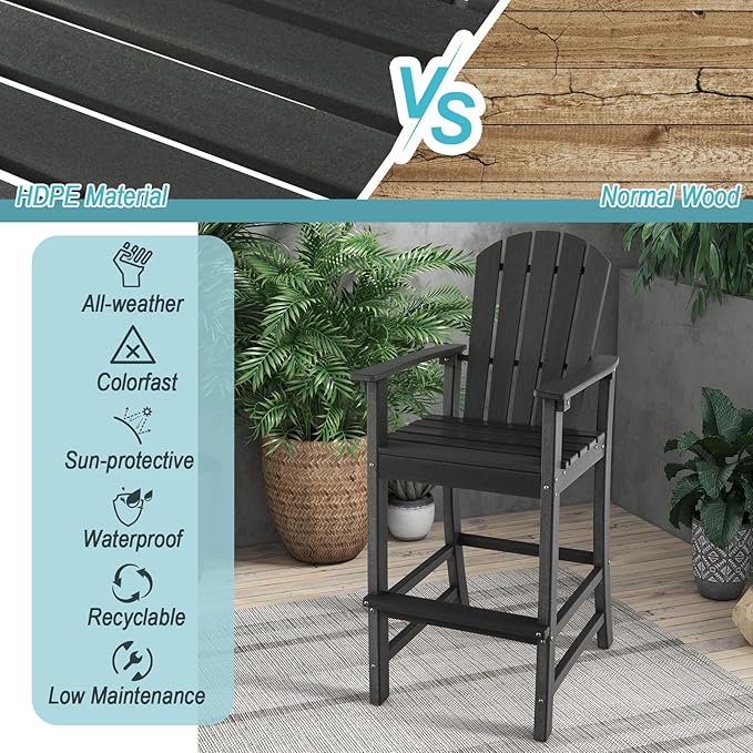 Giantex Outdoor HDPE Bar Stool, Tall Adirondack Chair with Armrests and Footrest, 30 Inches Counter Height Bar Stool for Garden, Backyard, Weather Resistance, Easy Maintenance (2, Black)