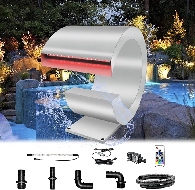 LONGRUN J-Shaped Waterfall Spillway Stainless Steel Swimming Pool Fountain with Color Changing LED Light, Outdoor Pond Waterfalls Kit for Garden Patio Swimming Pool Koi Ponds Decoration -13.6" Height