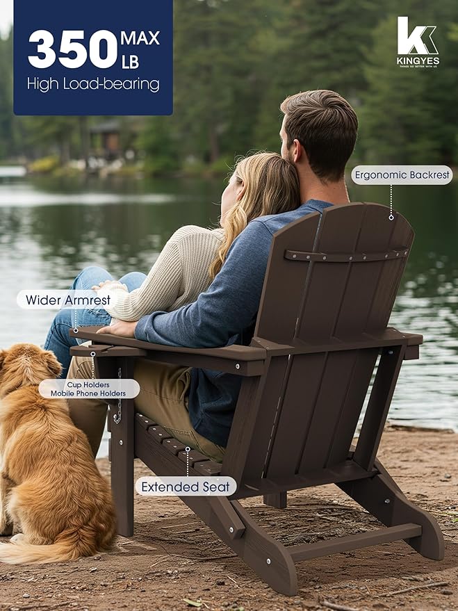 KINGYES Folding Adirondack Chair Set of 4, Dual Cup Holders & All-Weather HDPE, Wood-Like Patio Chair for Backyard, Camping, Pool & Fire Pit, Coffee