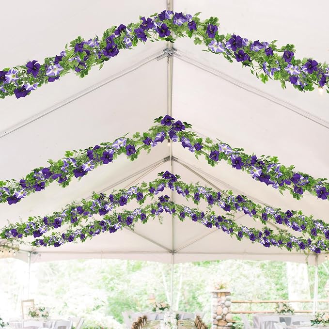 2 Pcs Artificial Flowers Vines Outdoors Silk Petunias Garland Spring Flowers Garland for Mantle 11 FT Fake Morning Glory Hanging Vines Plants for Mailbox Fence Wedding Banquet Decor Purple