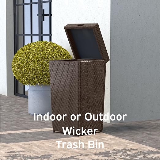 Nestl Outdoor Trash Can with Lid 30 Gallon Wicker Garbage Can for Patio, Brown