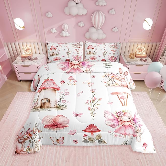 Erosebridal Fairy Garden Queen Bedding Set - Mushroom Floral Butterfly Comforter Set for Kids Girls, Pink Flower Bunny Quilt | Forest Themed Fairies Bedroom Decor with 2 Pillowcases
