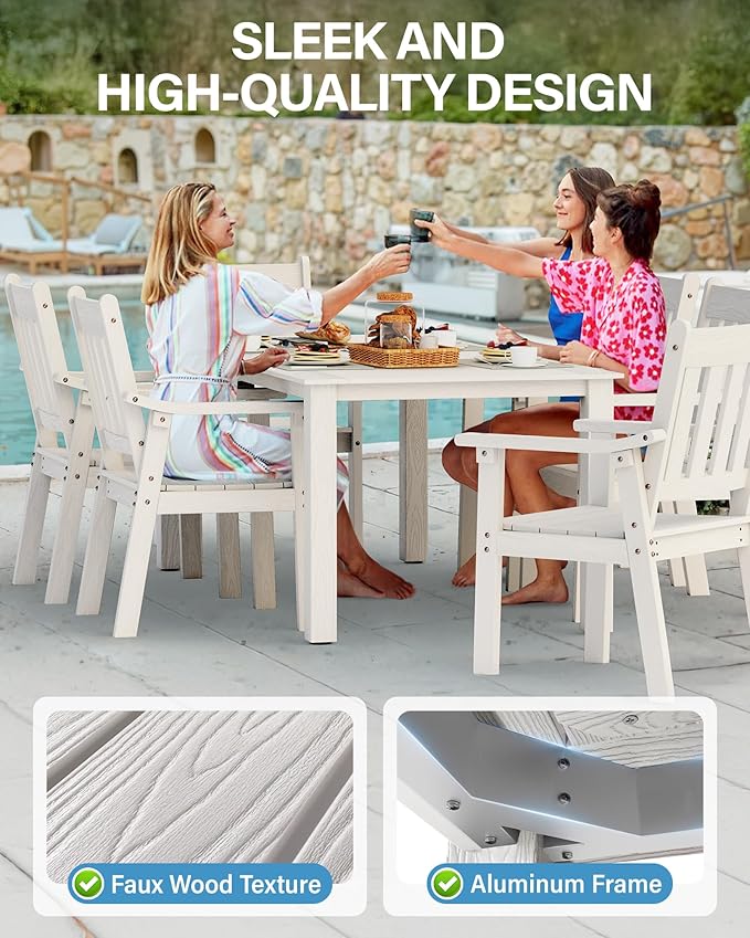 YEFU HIPS Patio Table Set: 5 Piece Outdoor Table and Chairs Dining Furniture Set with Umbrella Hole - White Modern Plastic Dining Sets 4 Person for Outside Deck with Metal Aluminum Frame