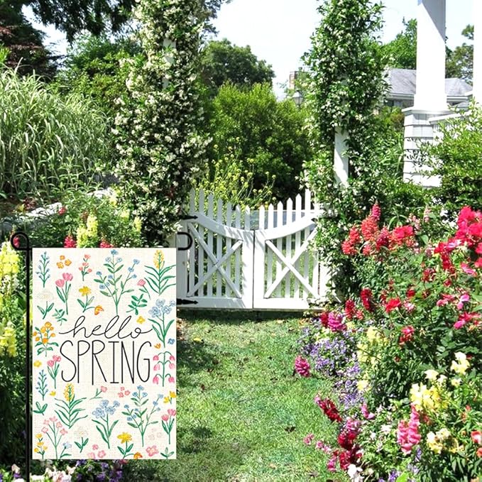 DIYDEC Hello Spring Garden Flag 12x18 Inch Vertical Double Sided Burlap Spring Tulip Flowers Flag Holiday Yard Sign for Outdoor Garden Seasonal Farmhouse Spring Summer Decoration