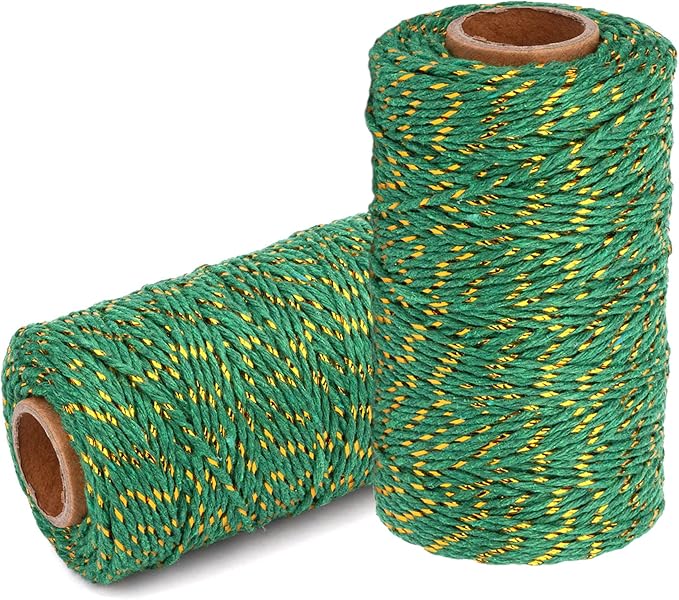 Cotton Twine String Bakers Rope: 2 Roll Twines for Crafts Gift Wrapping - 656 Feet Green Gold Twine for Kitchen Cooking