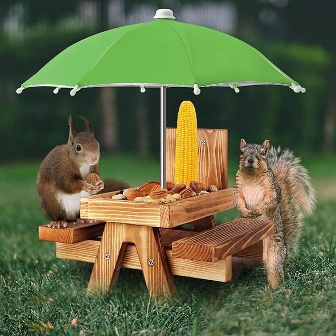 Gnodary Squirrel Feeder with Umbrella, Squirrel Feeders for Outside, Squirrel Picnic Table Feeder - Chipmunk Feeder Hold Corn, Corn Cob, Peanuts (Green)