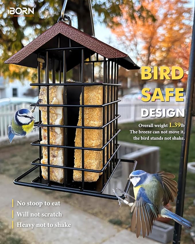 iBorn Suet Feeder for Outside Hanging,Suet Bird Feeders for Outdoors,Suet Holder With Squirrel Proof Hanger Hook,Suet Cage Bird Feeder,Woodpecker Feeder,Weatherproof Metal Roof,All Metal,1 Pack,Coffee