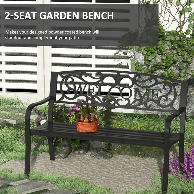 Outsunny 50" Outdoor Metal Welcome Bench, Garden Bench with Slatted Seat, Patio Bench for Park, Porch, Yard, Entryway, Black