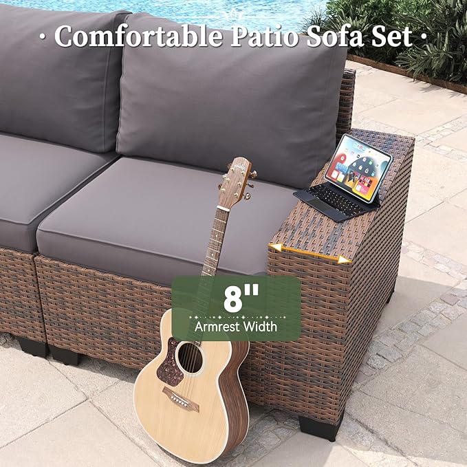 Aoxun 6 Piece Patio Furniture Set with Wide Armrests Wicker Rattan Outdoor Sectional Sofa Set with Coffee Table and Thickened Cushions, Brown/Grey(Waterproof Cover Included)