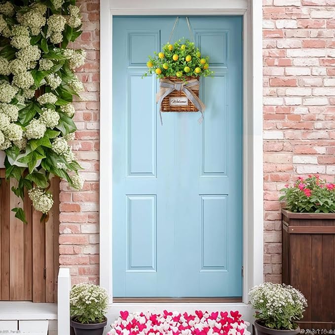 Yellow Lemon Wreath Summer Welcome Door Hanger Basket Wreath, Artificial Spring Summer Wreaths with Green Leaves Door Wreaths Farmhouse for All Seasons Outside Front Door Wall Home Decorations