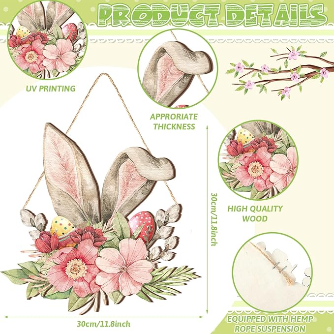Juexica Easter Door Sign Bunny Ear Hanging Decor Easter Flower Wooden Sign Wall Hanging Decorations for Front Door Wood Porch Decor Wall Pediments