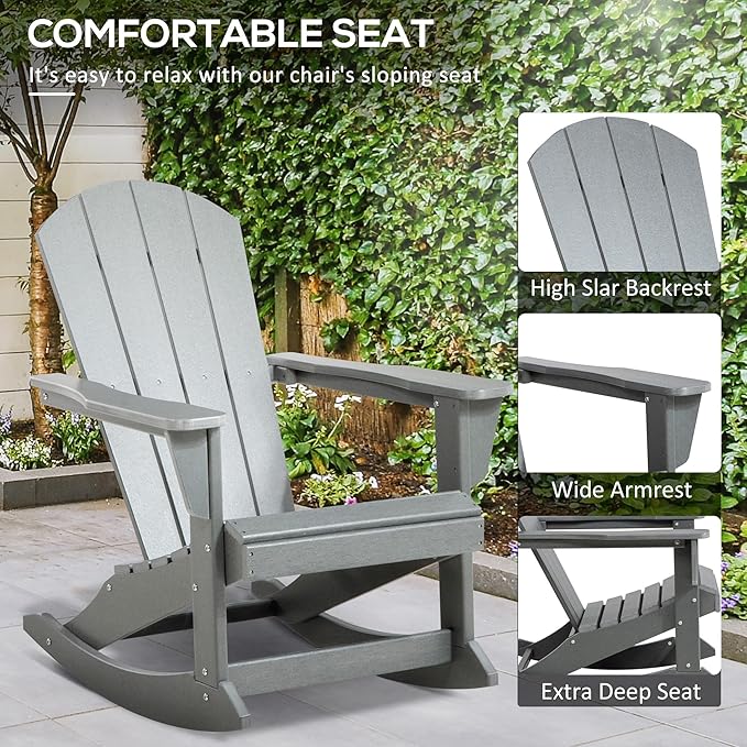 Outsunny Adirondack Rocking Chair, All Weather HDPE Porch Rocker, Rocking Fire Pit Chair for Patio, Garden, Lawn, Light Gray
