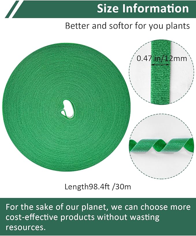 98.4 Ft Plant Ties Garden Tape, Reusable Adjustable Plant Clips for Climbing Plants, Green Nylon Self Adhesive Plant Twist Tie Strap to Support Gardening Plants