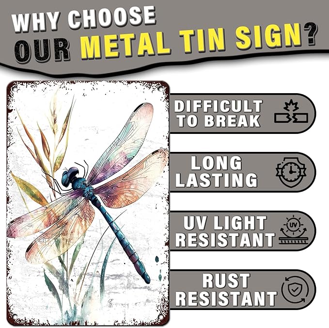 Dragonfly Garden Decor Watercolor Dragonfly Metal Tin Sign Vintage Wall Art for Home Decor Patio Garden Outdoor & Indoor Nature Inspired 8x12inch