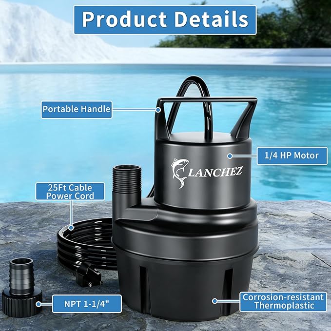 Lanchez Sump Pump, 1250 GPH Submersible Water Pump, 1/4 HP Portable Thermoplastic Low Suction Utility Pump With 25 Ft Cord for Swimming Pool, Basement, Garden Pond, Tubs Draining, Manual