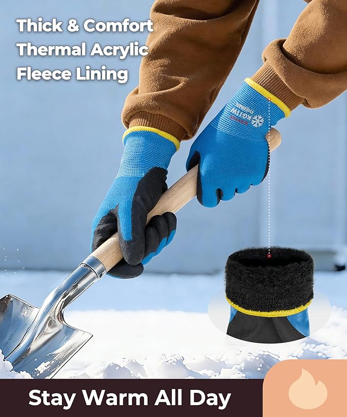 KAYGO Winter Work Gloves for Men and Women, 12 Pairs Thermal Insulated Safety Work Gloves PU Coated, Smooth Grip on Palm & Fingers,Ideal for Freezer Work,Blue,S