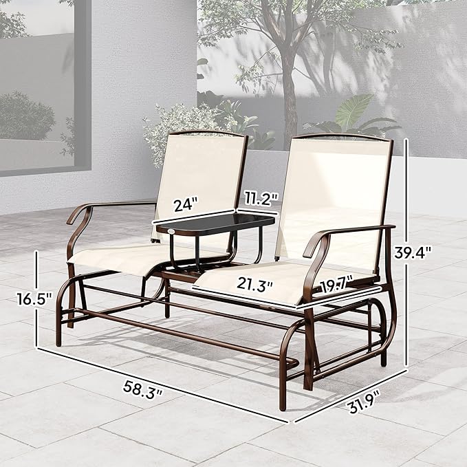 Outsunny Outdoor Glider Bench with Center Table, Metal Frame Patio Loveseat with Breathable Mesh Fabric and Armrests for Backyard Garden Porch, Beige