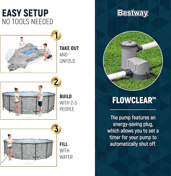 Bestway Steel Pro MAX 18' x 48" Above Ground Pool, Round Metal Frame Outdoor Swimming Pool Set with Filter Pump, Ladder, and Cover, Stack Stone
